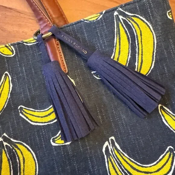 Lucky Brand Key West Dark Denim Blue Tote Bag Banana Print Tassels Purse Handbag - Picture 5 of 12